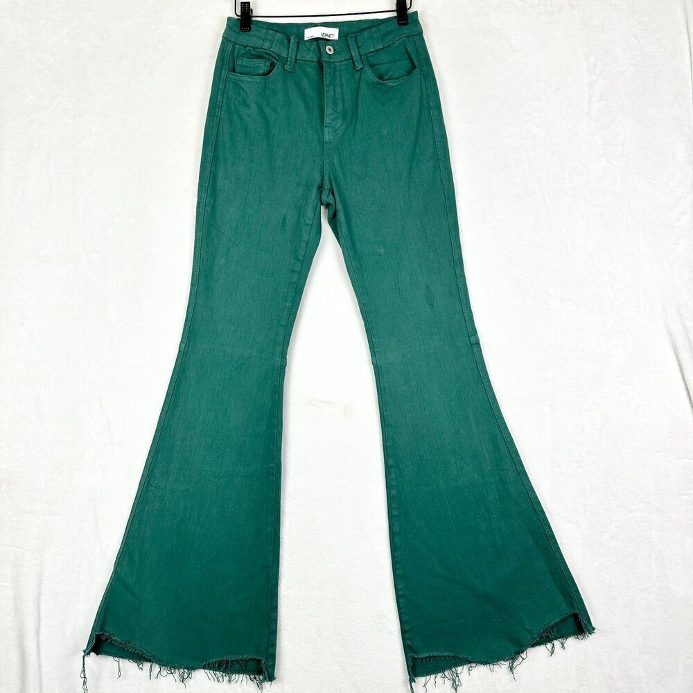 Vervet High Rise Raw Hem Super Flare Jeans Size 26 Teal Green - Picture 2 of 6